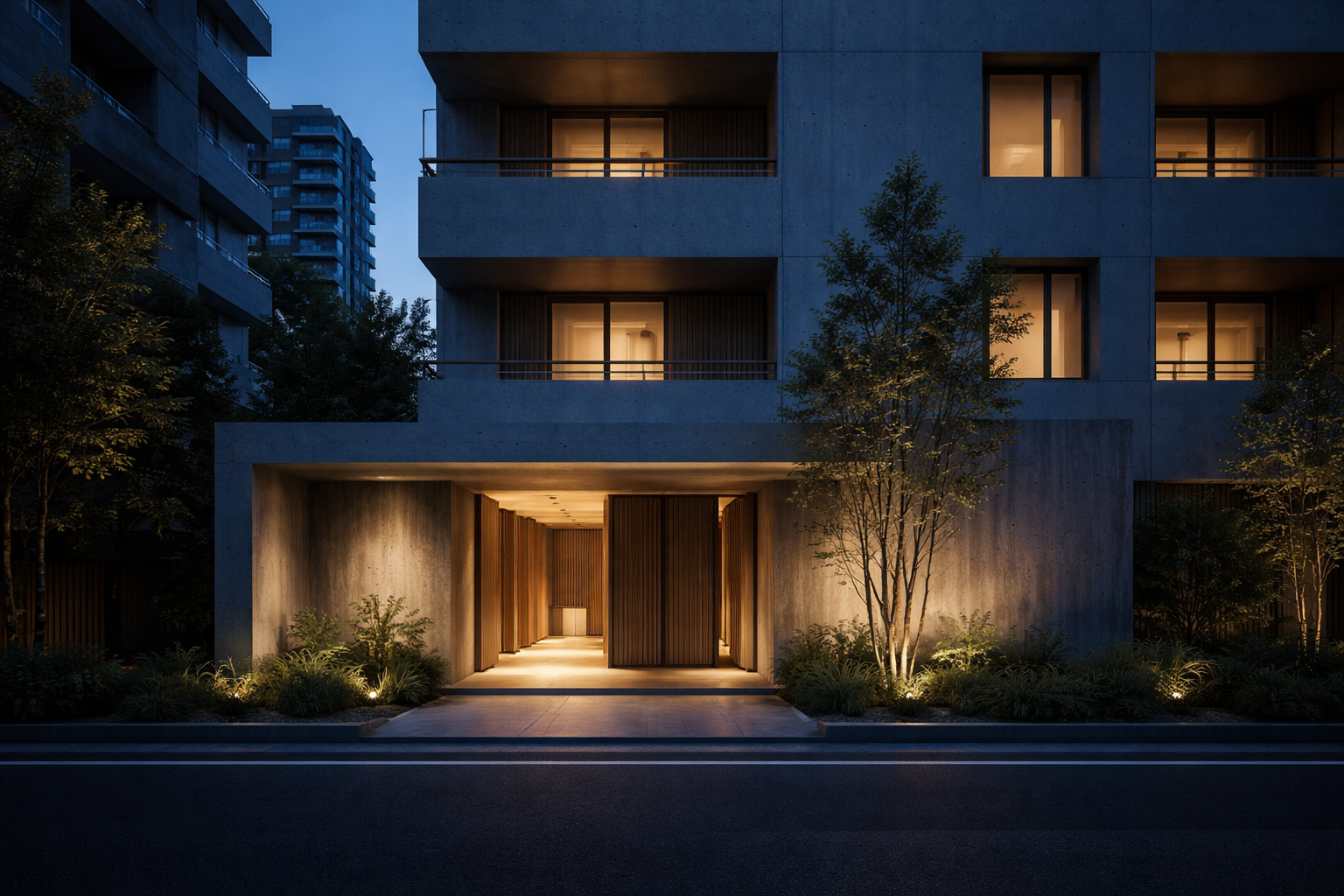 Urban residence entrance at dusk
